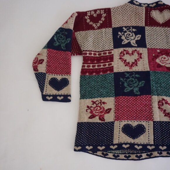 Vintage Maggie Lawrence Patchwork Heart Rose Sweater Tunic Long Sleeve XL - Picture 10 of 11